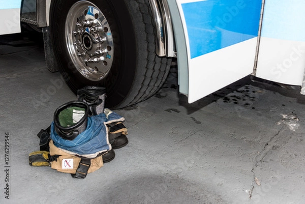 Obraz A blue and white fire truck with the door open and fire fighter boots and pants at the ready on the floor next to the truck door.