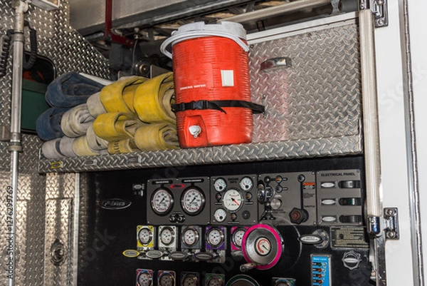 Obraz Detail of a fire truck, including, gauges, coiled fire hoses, and red water cooler.