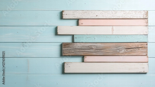 Fototapeta Blank wooden sign. Rustic wooden planks in pastel colors on a light blue background.