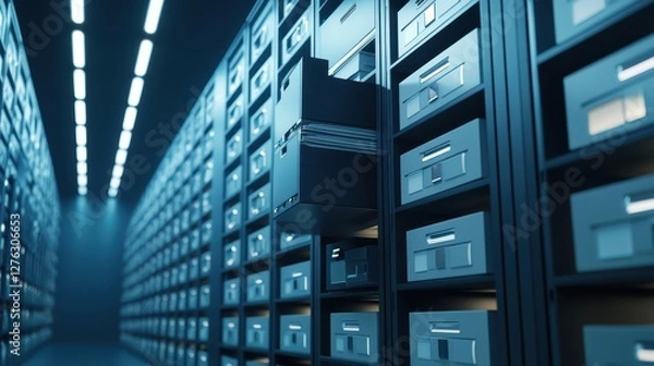Fototapeta Rows of Modern Office Filing Cabinets Illuminated by Futuristic Lighting in a Contemporary Workspace Environment