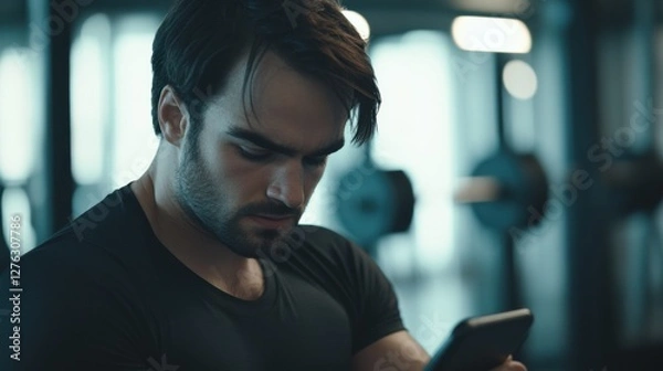 Fototapeta Social media rumors affecting a man in a gym. Featuring frustration and distraction