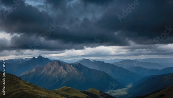 Fototapeta Mountain landscape under dramatic cloudy sky with multiple mountain ranges and lush green valleys in foreground.