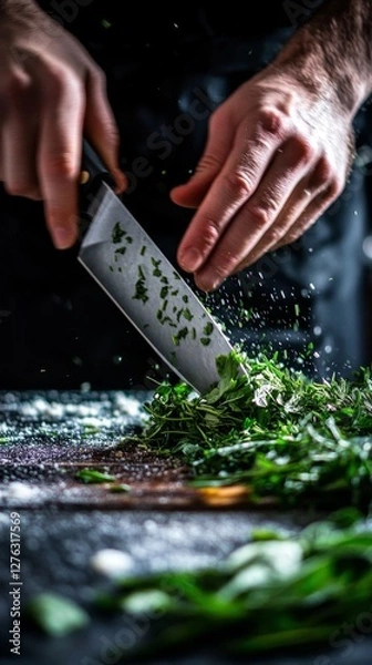 Obraz A chef skillfully chops fresh herbs on a wooden cutting board. The scene captures the essence of culinary artistry and the joy of cooking. Generative AI