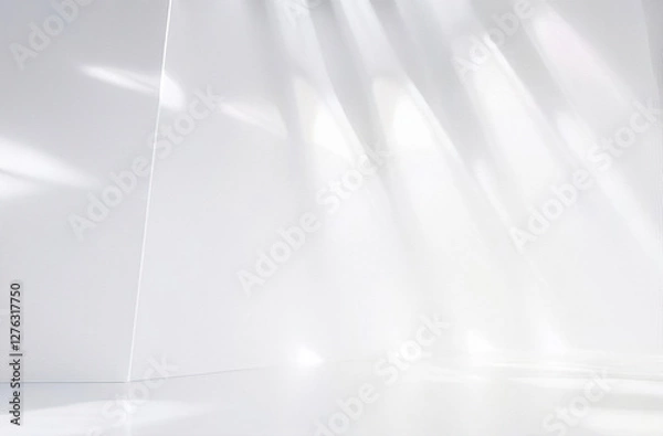 Obraz Modern, minimalist interior space with a focus on clean lines and a stark, white color palette. Presentation backdrop with beautiful intricate lighting against a blank white wall.