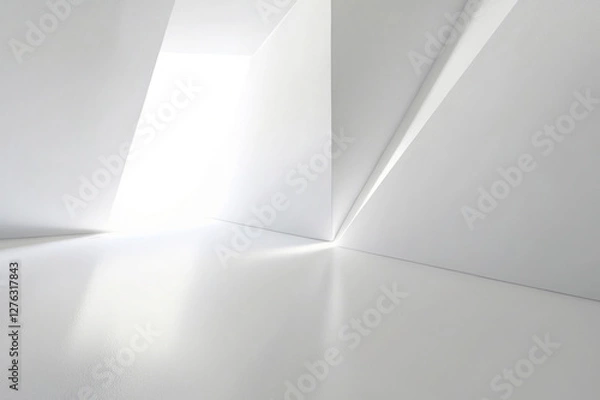 Obraz Modern, minimalist interior space with a focus on clean lines and a stark, white color palette. A presentation backdrop with beautiful diffused lighting and intricate architecture.