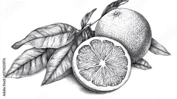 Obraz Detailed black and white grapefruit drawing with leaves and halved fruit