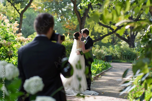 Obraz A wedding photographer takes pictures of newlyweds in the garden in summer.