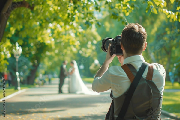 Obraz A wedding photographer takes pictures of newlyweds in the garden in summer.