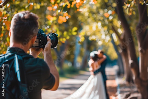 Obraz The videographer shootes the marrieds in the garden in the summer.