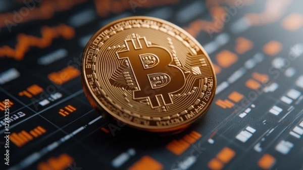 Fototapeta Bitcoin coin rests on fluctuating market charts