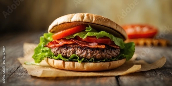 Fototapeta Gourmet bacon cheeseburger with fresh lettuce and tomato on rustic wooden background