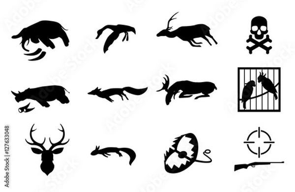 Fototapeta Vector set of poaching and illegal animal hunting and catching icons. Social problem of danger for safety of wildlife. Pictograms of dead animals, birds in cage, dummy, trap and gun. Stop poachers.