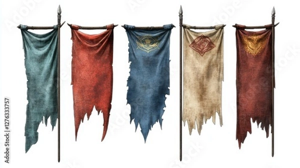 Fototapeta A set of icons for games. A mock-up of a medieval flag. Pennants with ragged edges. Isolated on a white background