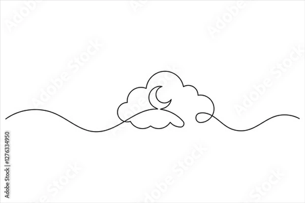 Fototapeta Cloud one line drawing and isolated continuous outline vector illustration