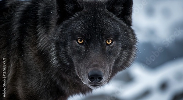Fototapeta Captivating Black Wolf Stares Intensely in Winter Wilderness Portrait