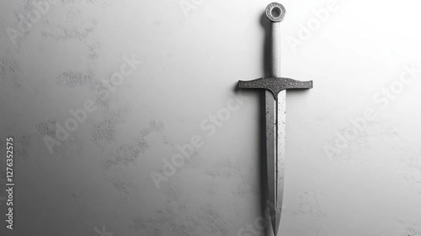 Fototapeta Ornate medieval sword on textured gray background, intricate design, vertical position
