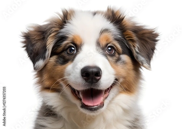 Fototapeta A handsome Australian Shepherd dog sits patiently on a clean white background