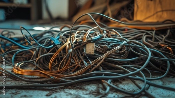 Fototapeta Damaged cables tangled on the floor of a dimly lit workshop. Featuring exposed copper wires and broken insulation