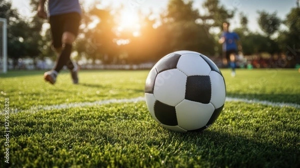 Fototapeta People playing soccer game in field.