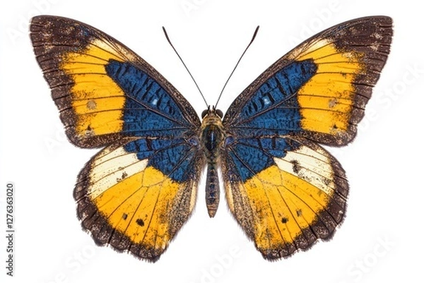 Fototapeta Yellow-blue butterfly wings, isolated, studio shot, white background, nature print.