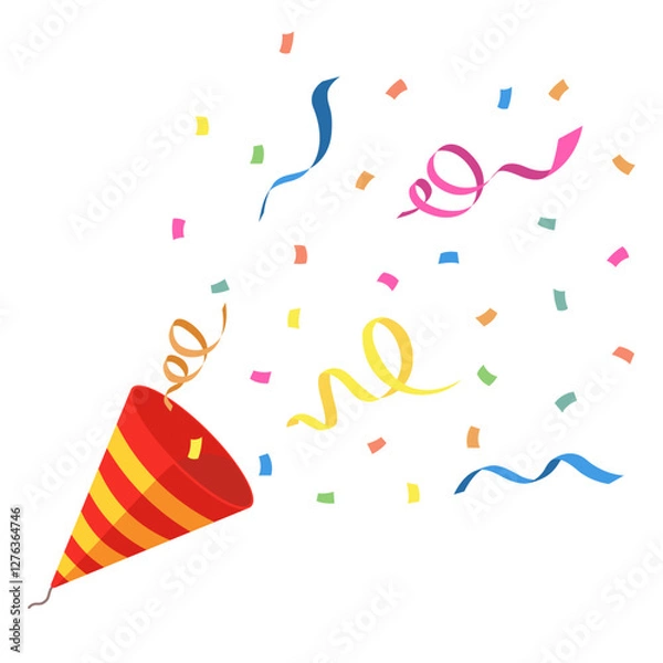 Fototapeta Red party popper and explosion colorful confetti with ribbon isolated white background. Vector illustration for birthday, party, festival fair, celebration, and congratulation.