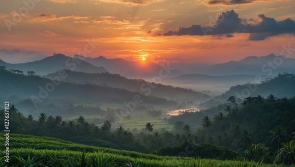 Fototapeta Sunset over mountainous landscape with lush greenery and misty valleys in the foreground. Orange and purple hues fill the sky.