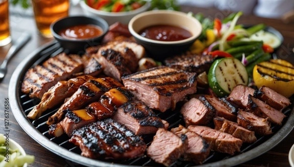 Fototapeta Grilled assortment of meats including chicken and beef with vegetables and sauces on a circular platter in a restaurant setting.