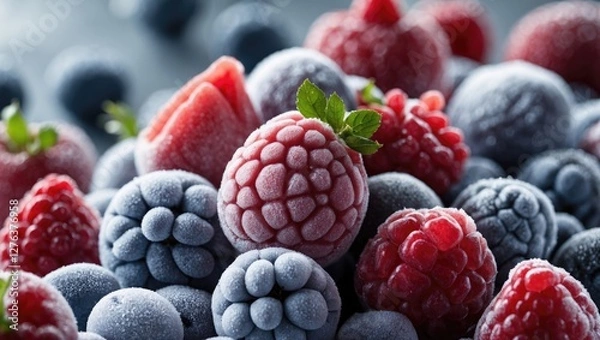 Fototapeta Assorted frozen berries with a focus on raspberries and blueberries covered in frost with a blurred background