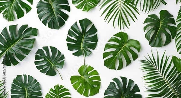 Fototapeta Tropical green leaves arrangement on white background flat lay style with various shapes and textures of foliage