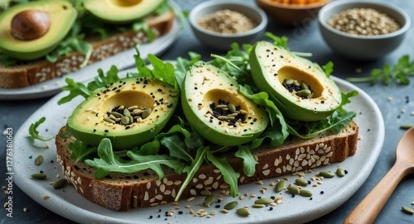 Fototapeta Sliced avocado on whole grain bread garnished with arugula, seeds, and surrounded by bowls of toppings on a gray surface