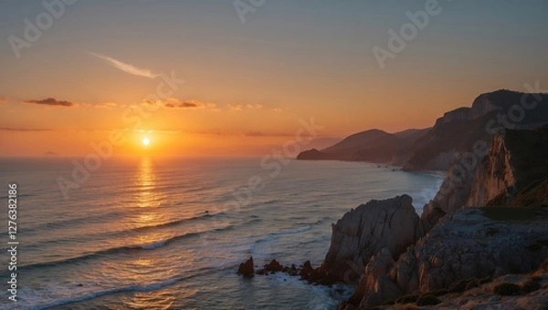 Fototapeta Coastal landscape during sunset with orange sky and gentle waves crashing against rocky cliffs and distant hills