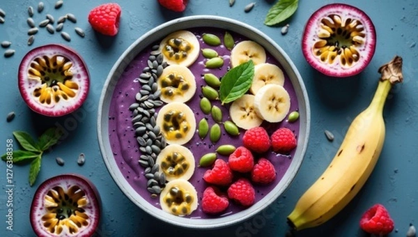 Fototapeta Smoothie bowl topped with banana slices, raspberries, green pumpkin seeds, and passion fruit on a blue background