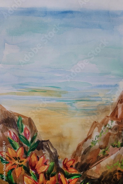 Fototapeta Marine landscape view from mountains. Nature watercolor illustration with space for text