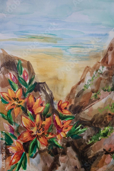 Fototapeta Nature watercolor illustration with space for text. Wild flowers in mountains.