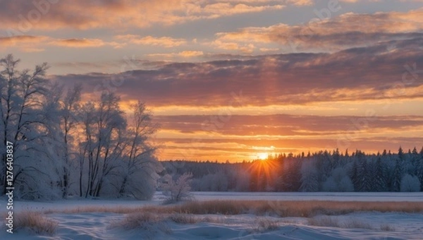 Fototapeta Winter landscape at sunrise with snow-covered trees and a frozen river under a colorful sky with clouds.