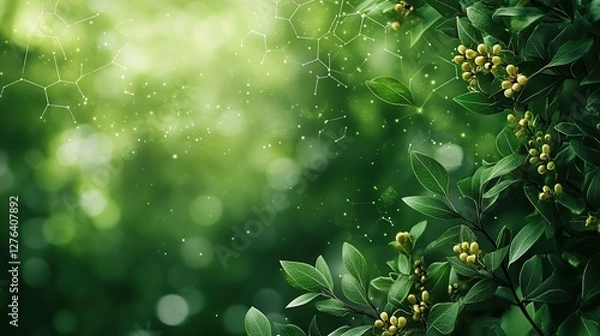 Fototapeta Lush green foliage with yellow berries and a blurred background, symbolizing nature and growth