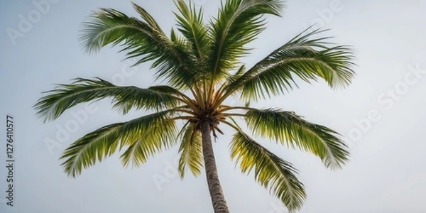 Fototapeta tall palm tree with green fronds against a clear blue sky background suitable for tropical or vacation themes