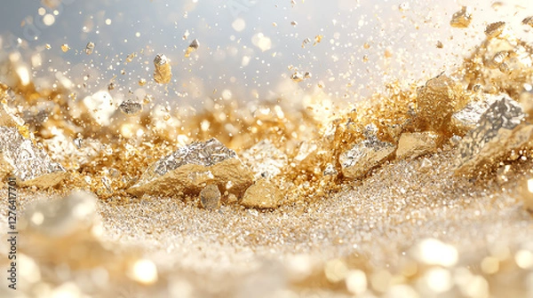 Fototapeta Shimmering golden dust and glittering particles creating a luxurious and sparkling abstract background display