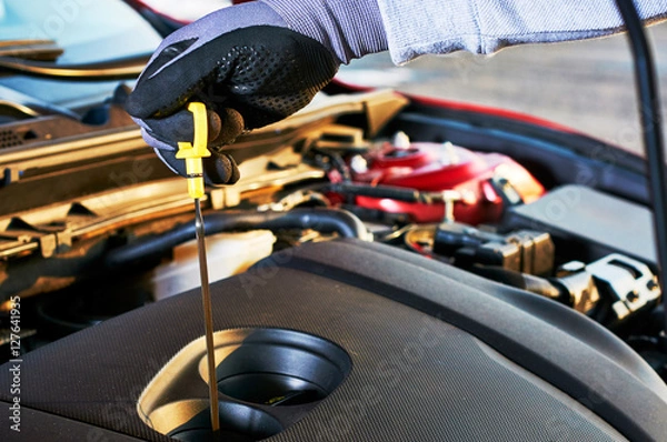 Fototapeta Checking engine oil level in modern car. Winter service for safe driving.