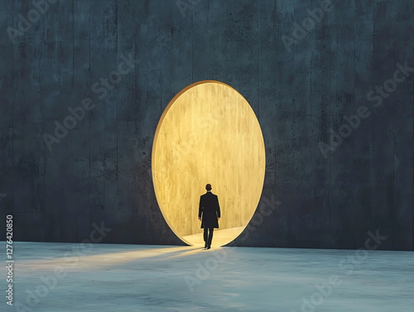 Fototapeta A mysterious silhouette walking through an illuminated circular opening in a modern architectural space