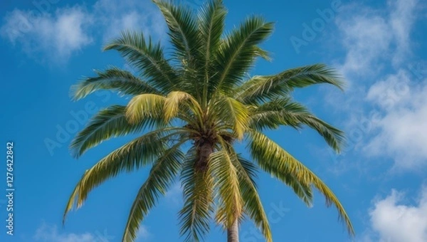 Fototapeta Tall palm tree with green fronds against a bright blue sky and scattered clouds in a tropical setting.