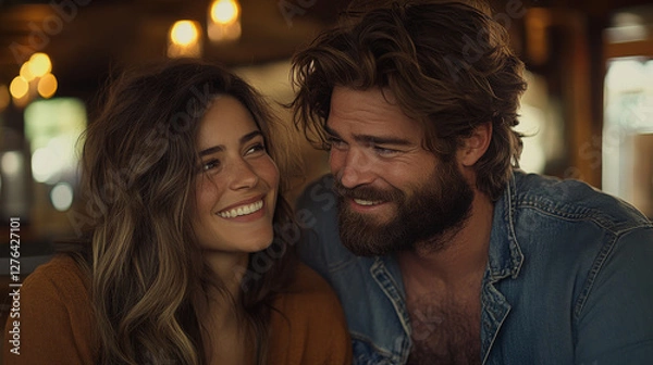 Fototapeta A loving couple shares a warm embrace, their eyes locked in a moment of pure affection and happiness. Embracing intimacy.