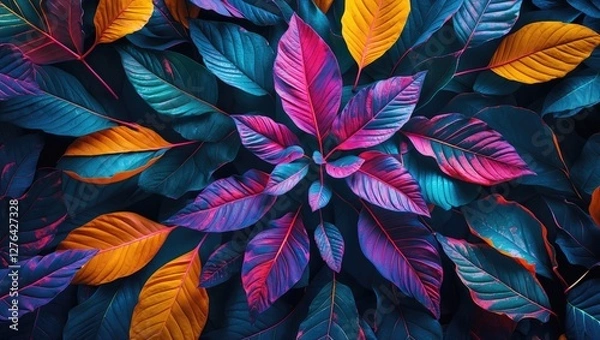Fototapeta Colorful tropical leaves background with vibrant pink, blue, and orange hues arranged in a flat lay composition