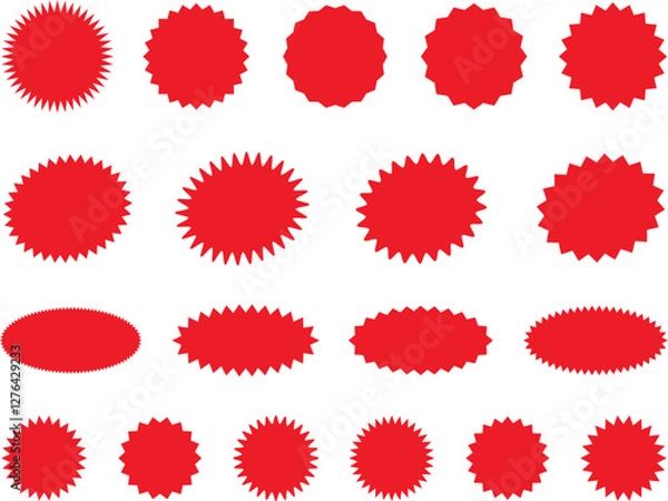 Fototapeta Starburst red sticker set - collection of special offer sale oval and round shaped sunburst labels and badges. Promo stickers with star edges. Vector.