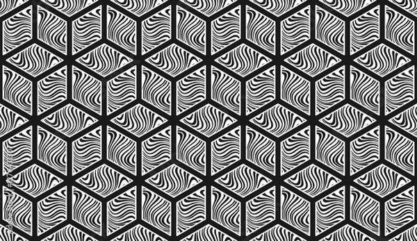 Fototapeta Background of rhombic hexagons with striped wavy texture. Black and white endless texture with abstract geometric ornament. Vector seamless pattern for wrapping paper, giftwrap, surface texture, print