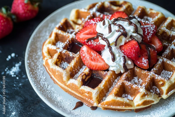 Obraz Delicious Belgian Waffles with Strawberries, Whipped Cream, and Chocolate Drizzle