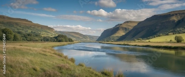 Fototapeta Scenic landscape of a calm river surrounded by lush green hills and blue skies with clouds in a natural setting.