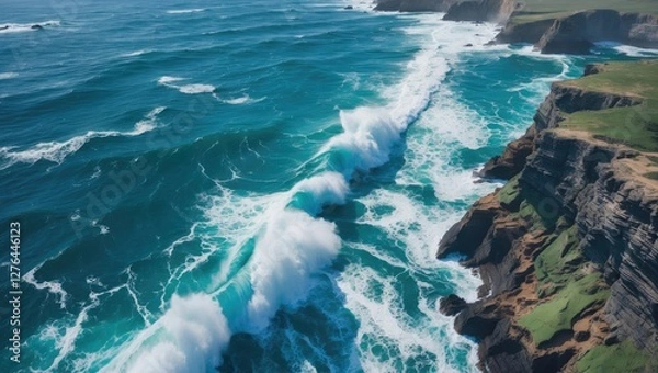 Fototapeta Aerial view of powerful ocean waves crashing against rugged cliffs and shoreline with green vegetation under a clear blue sky