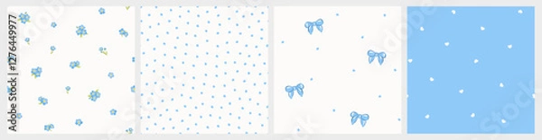 Fototapeta Vector illustrations. Set of 4 Seamless patterns in blue tones, forget-me-nots flowers, dots, hearts. Summer, vacation, fabric design, wrapping paper
