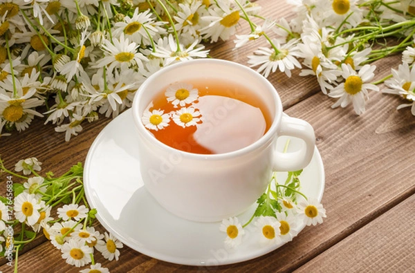 Fototapeta Chamomile tea in a white cup on a wooden background with a bouquet of daisies with selective focus